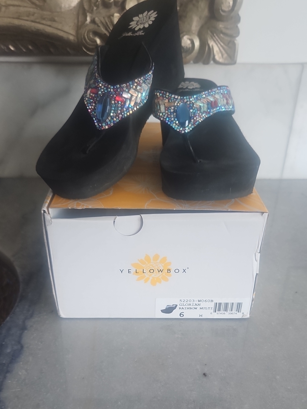 Yellow Box Black Wedge Sandals with Multicolor Jewel Accents